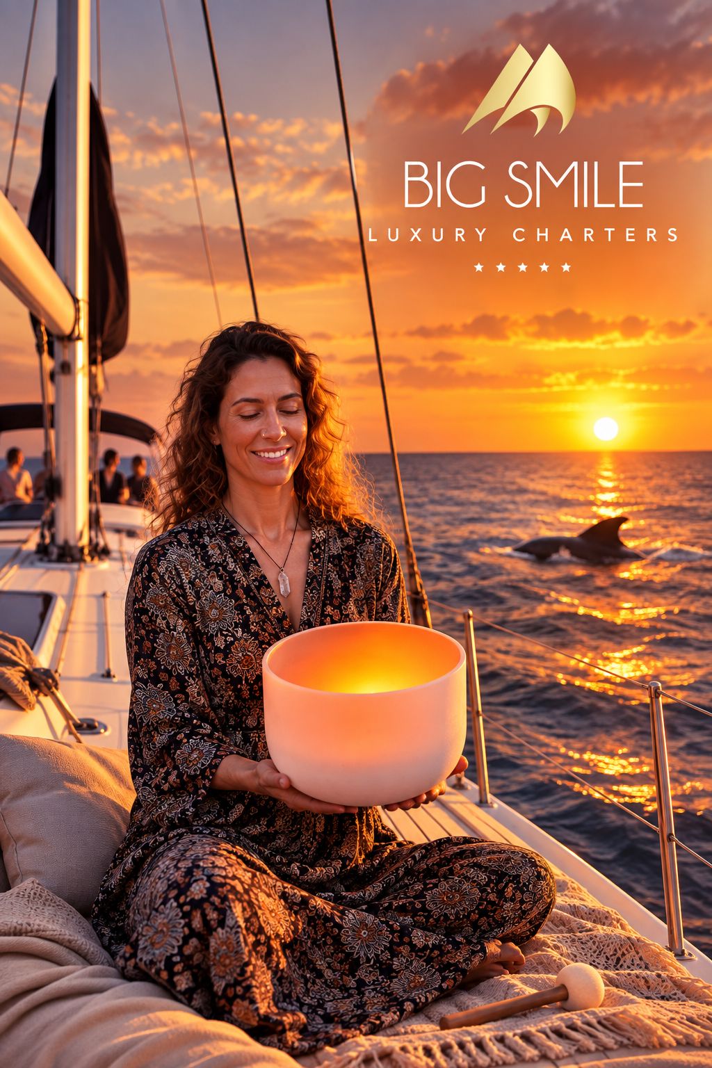 Ale dirigiendo una experiencia sonora con cuencos de cuarzo a bordo de Big Smile Charters, al atardecer